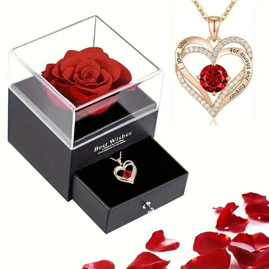 Luxury Red Zircon Pendant Necklaces With Rose Flower Gift Box